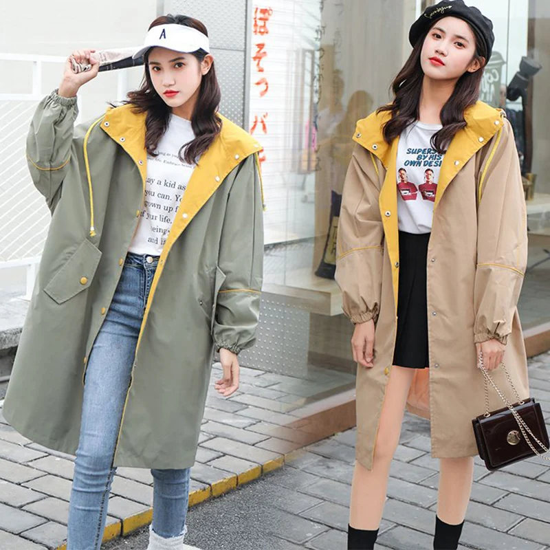 

Womens Long Hooded Windbreaker Jacket, Korean Loose Overcoat, Casual Trench Coat, Large Size, Female, 100kg, New, Spring, Autumn