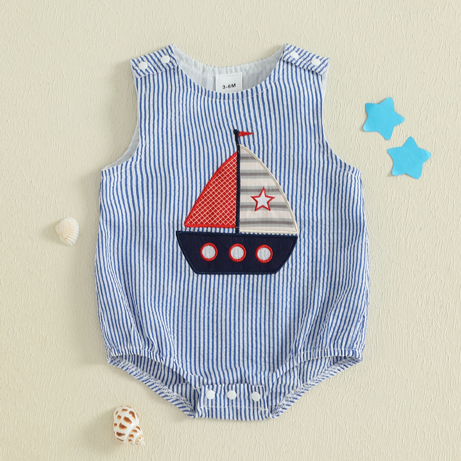 

0-18 Months Baby Boy Striped Overalls Romper Sailboat Embroidered Sleeveless Bodysuit Cute Summer Clothes