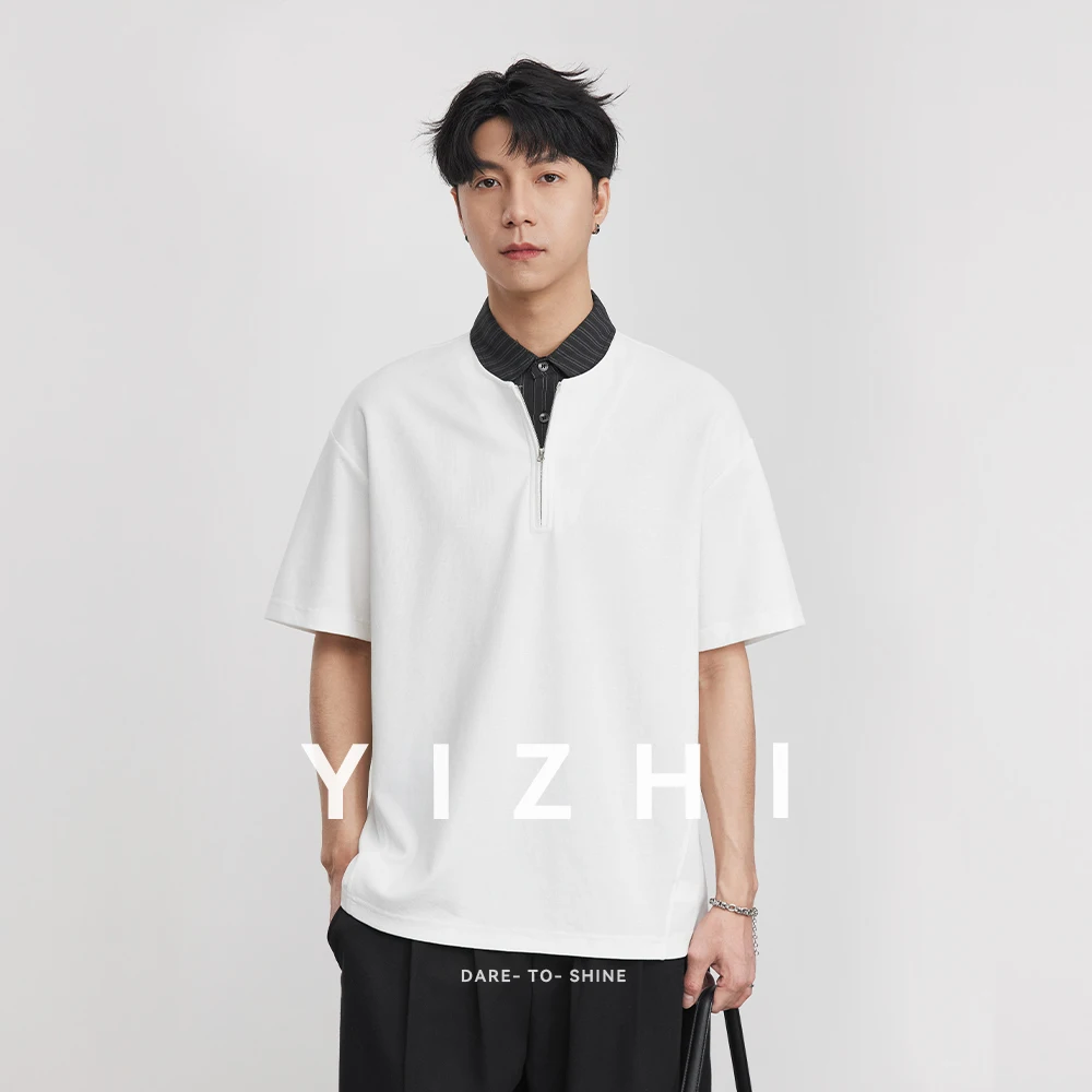 Heavy 230G Contrasting Striped Lapel Half Zipper POLOT Shirt Men In Summer Loose Simple And Trendy Short-sleeved