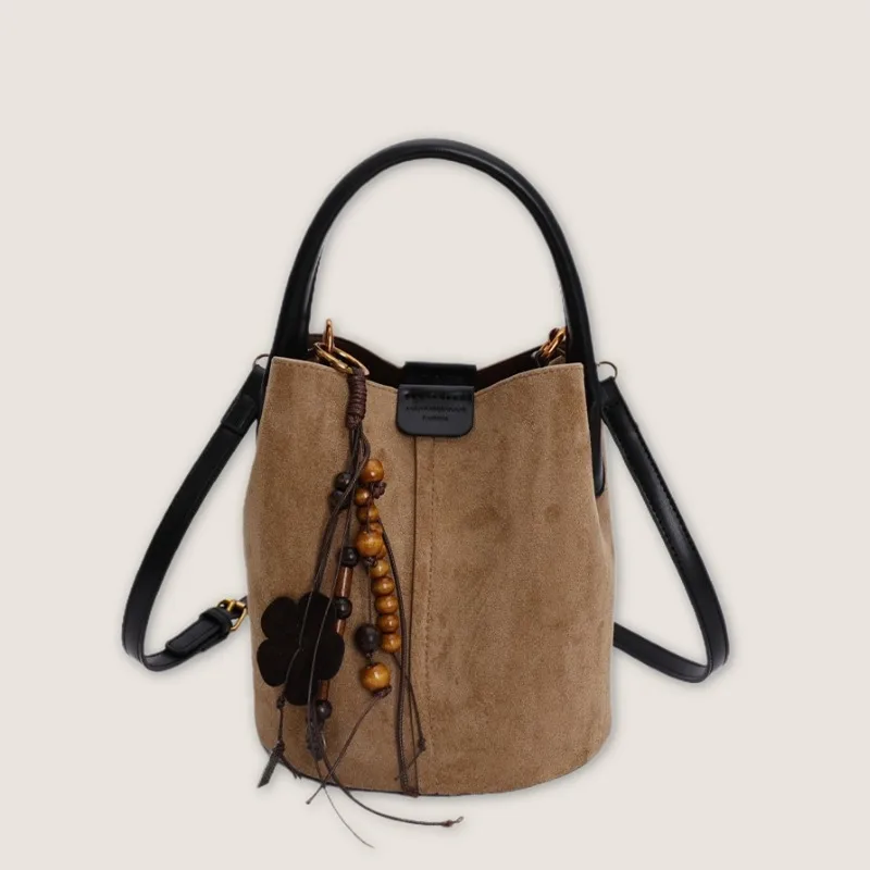 

Vintage Matte Suede Bucket Bag Lazy Style Fashion Handbag Tote Sub Bag Casual Shoulder Crossbody Bag for Women