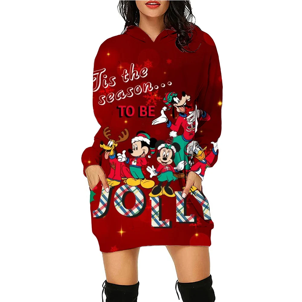 

Christmas Disney Mickey Mouse Fall Women's Hoodie Dress Fashion Sweatshirt Dress Women's Pocket Hoodie Casual Dress Mini Dress