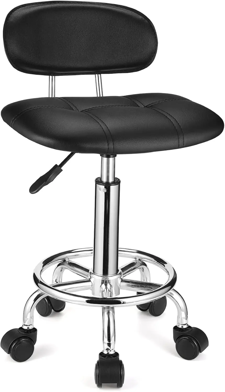Adjustable Height Rolling Stool with Backrest, Swivel Seat and Wheels in Black