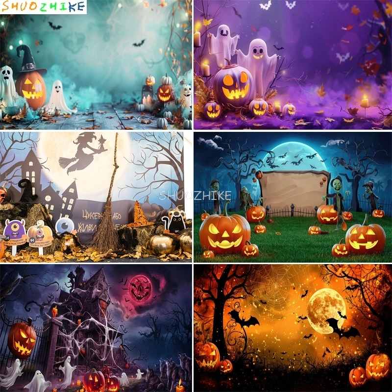 

Ghosts Jack-o'-Lantern Halloween Day Photography Backdrops Castle Demon Horror Pumpkins Moon Hallows-Eve Background KB-13