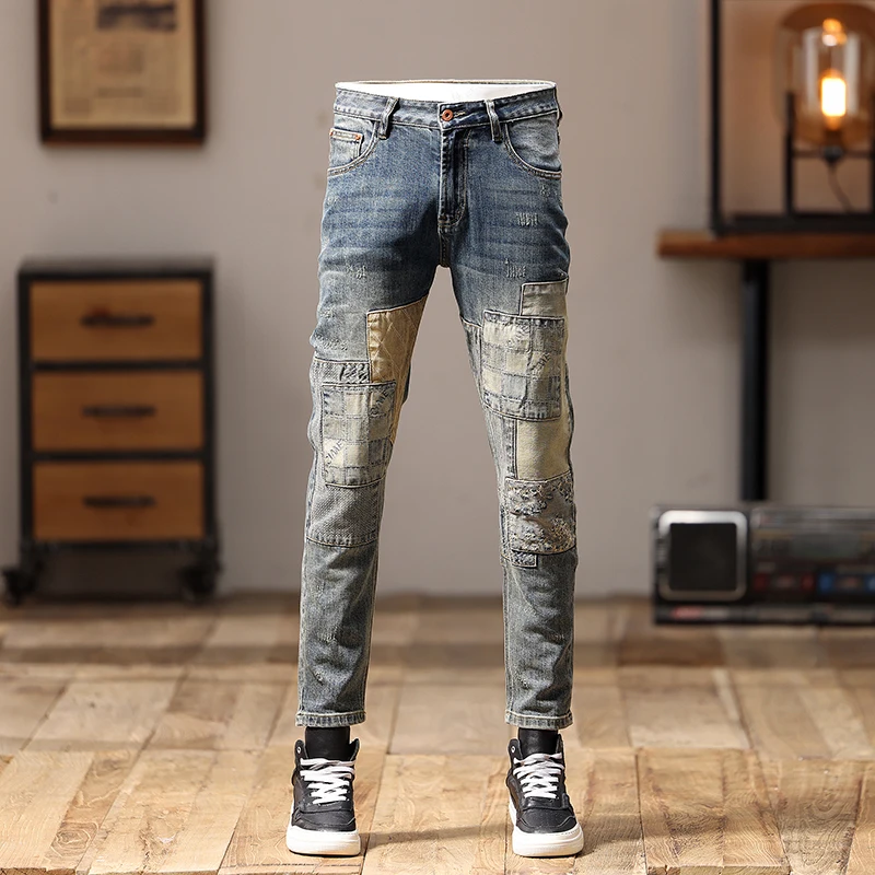 Street fashion personalized patchwork patch slim small straight leg pants heavy embroidery gangster handsome biker men's pants