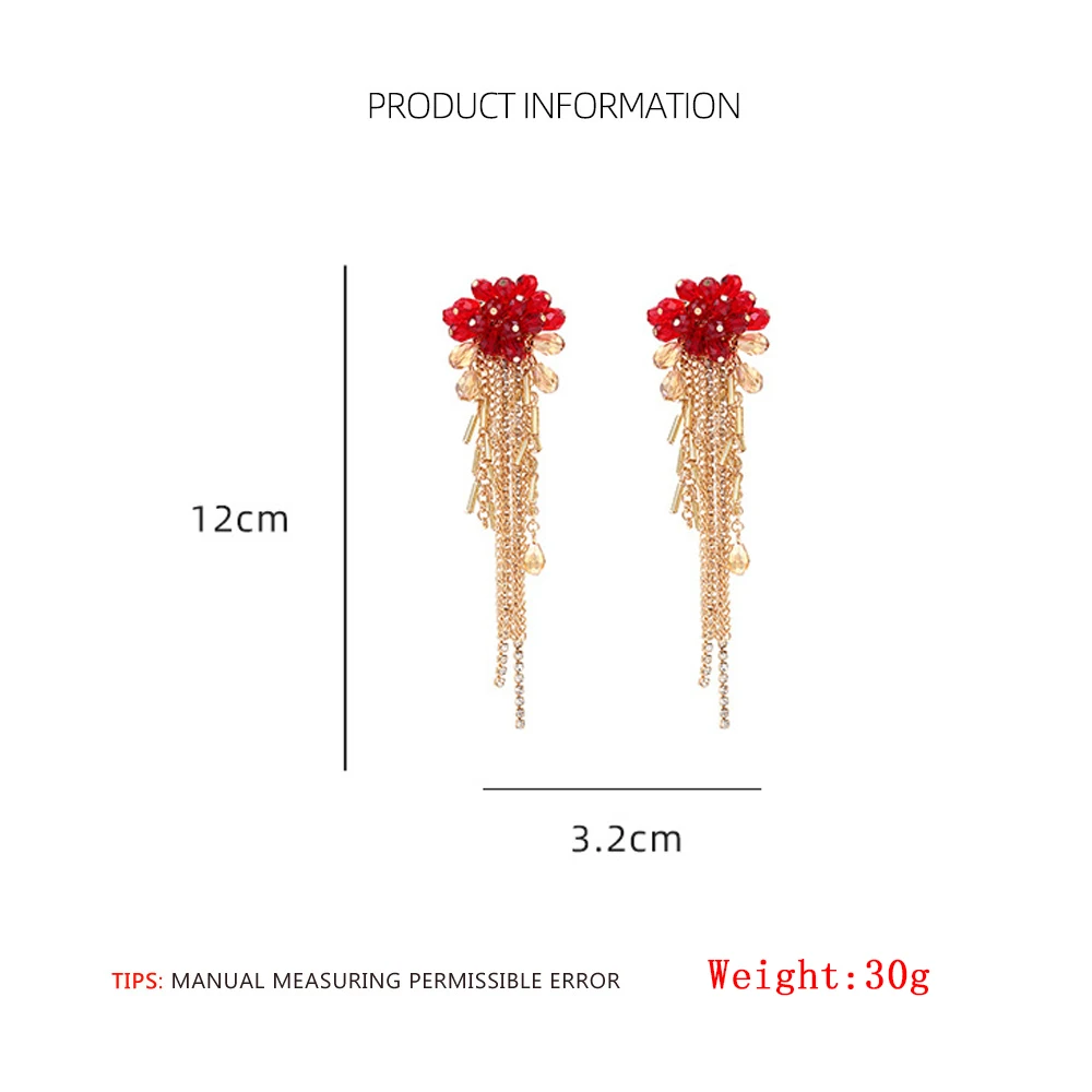Neuheiten: Rote Blumen-Kristall-Strass-Quasten-Ohrringe für Damen, Modischer Schmuck für Hochzeit, Braut und Party – Detail 1