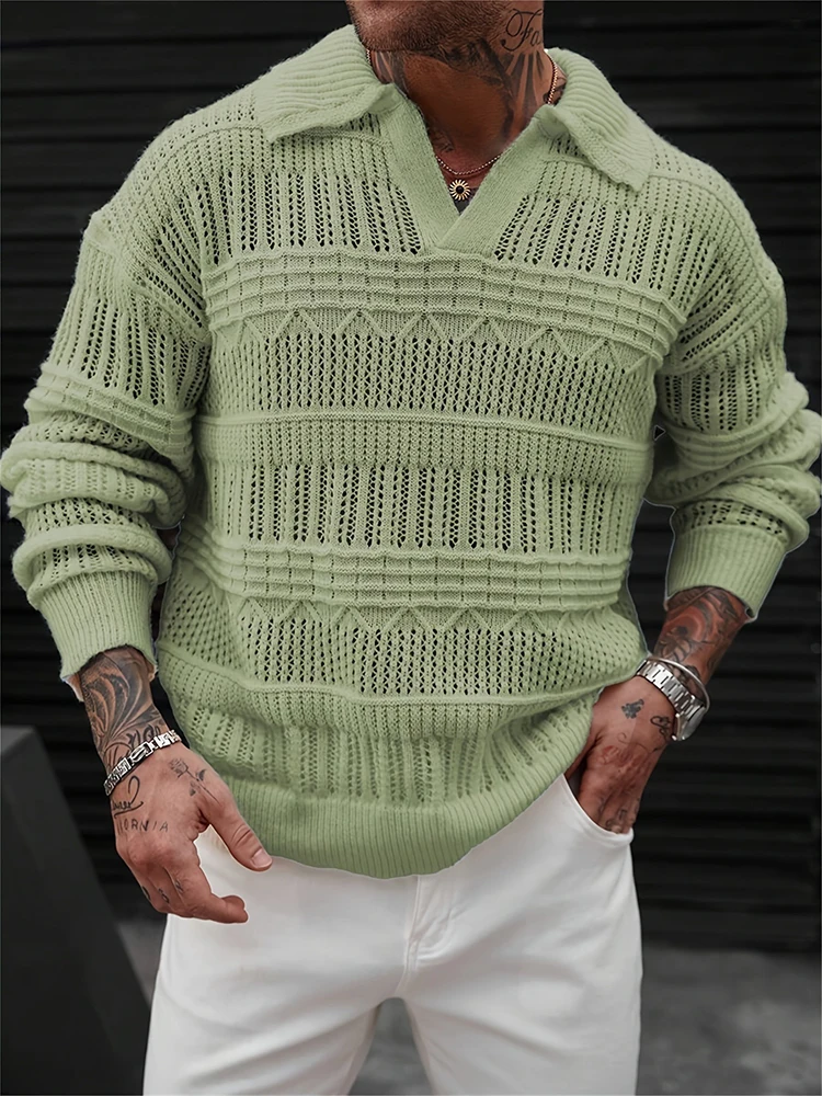 Vintage Crochet Texture Knit Sweaters For Men Autumn Streetwear Fashion Hollow Out Sweater Outdoor Casual Mens Knitting Jumpers