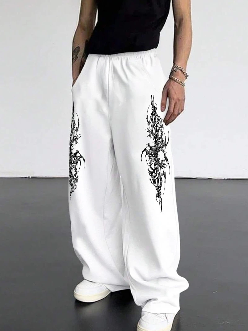 

Black Graphic Print Jogger Pants with Cross & Letter "T" Design, Elastic Waistband, Straight-Leg Fit 100% Polyester Hip-Hop Wide