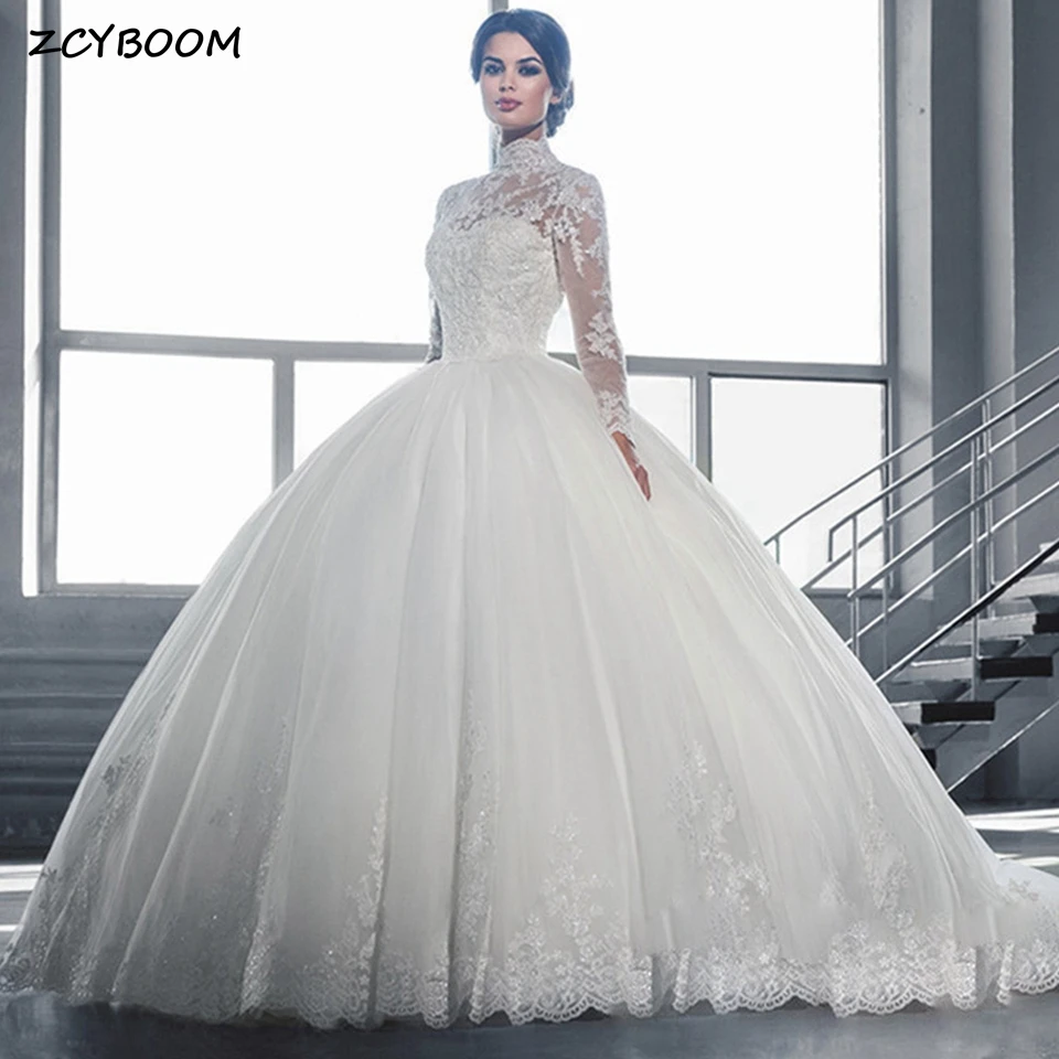 

Elegant White/Lvory High-Neck Long Sleeves Appliques Wedding Dress 2023 Floor Length Sweep Train Buttons Custom Made Brida Gown