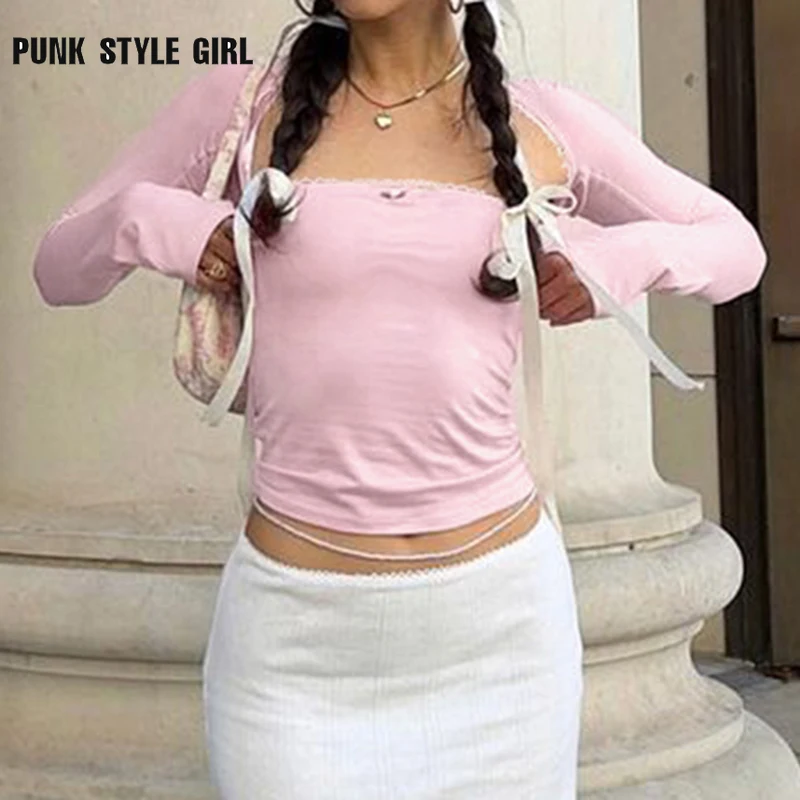 2024 Strapless Pink Appliques Tube Top and Long Sleeve Jumper 2 Piece Set Solid Coquette Casual Basic Crop Tops Suit Cute Women