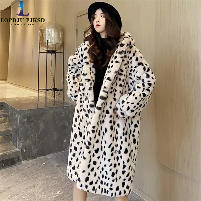 Faux Rabbit Fur Coats for Women,Leopard Print Long Jackets,Hooded Overcoat,Female Clothes,New,Autumn and Winter