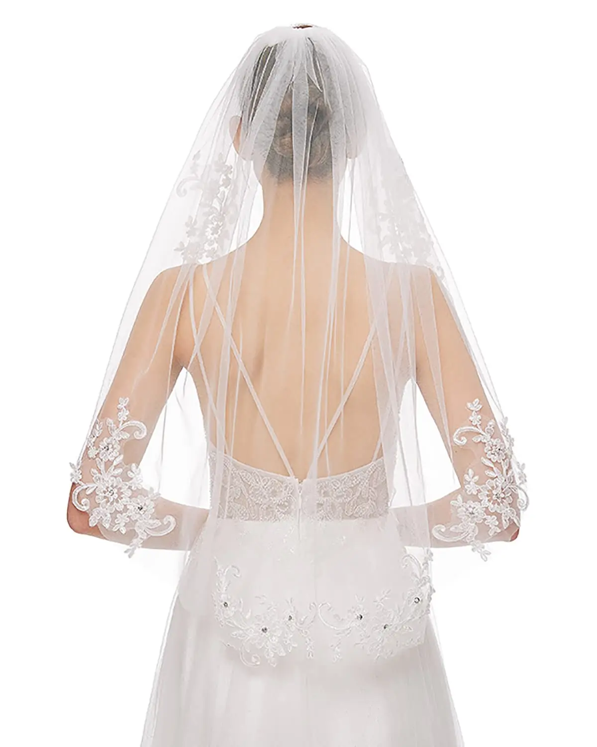 Women's White Lace Short Wedding Bridal Veil With Comb 1 Tier 2024