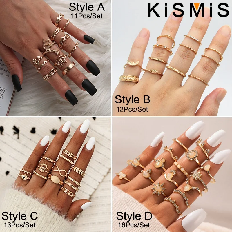 Bohemian Ring Set Gold Stackable Rings For Women Vintage Boho Crystal Layered Finger Jewelry Statement Party Gift Accessories