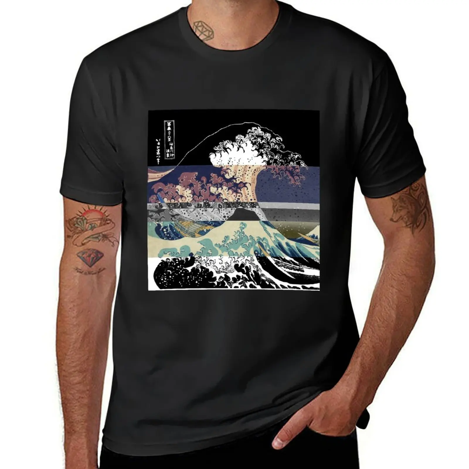 the great wave color glitch T-Shirt Blouse korean fashion blacks mens white t shirts