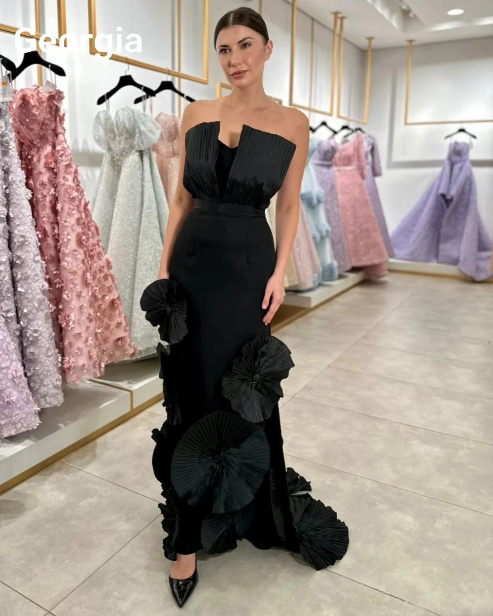 

Customize Prom Gown 3d Flowers Strapless Column Floor Length Black A-Line Zipper Up Evening Gown Dresses For Special Events