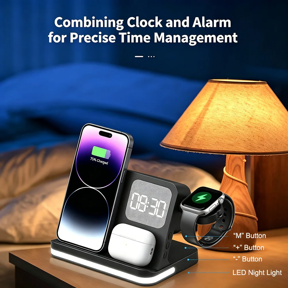 7-in-1 Alarm Clock Wireless Charger Station for Phone, Watch & Earbuds | Multi-Device Charging Dock for Home, Office & Travel