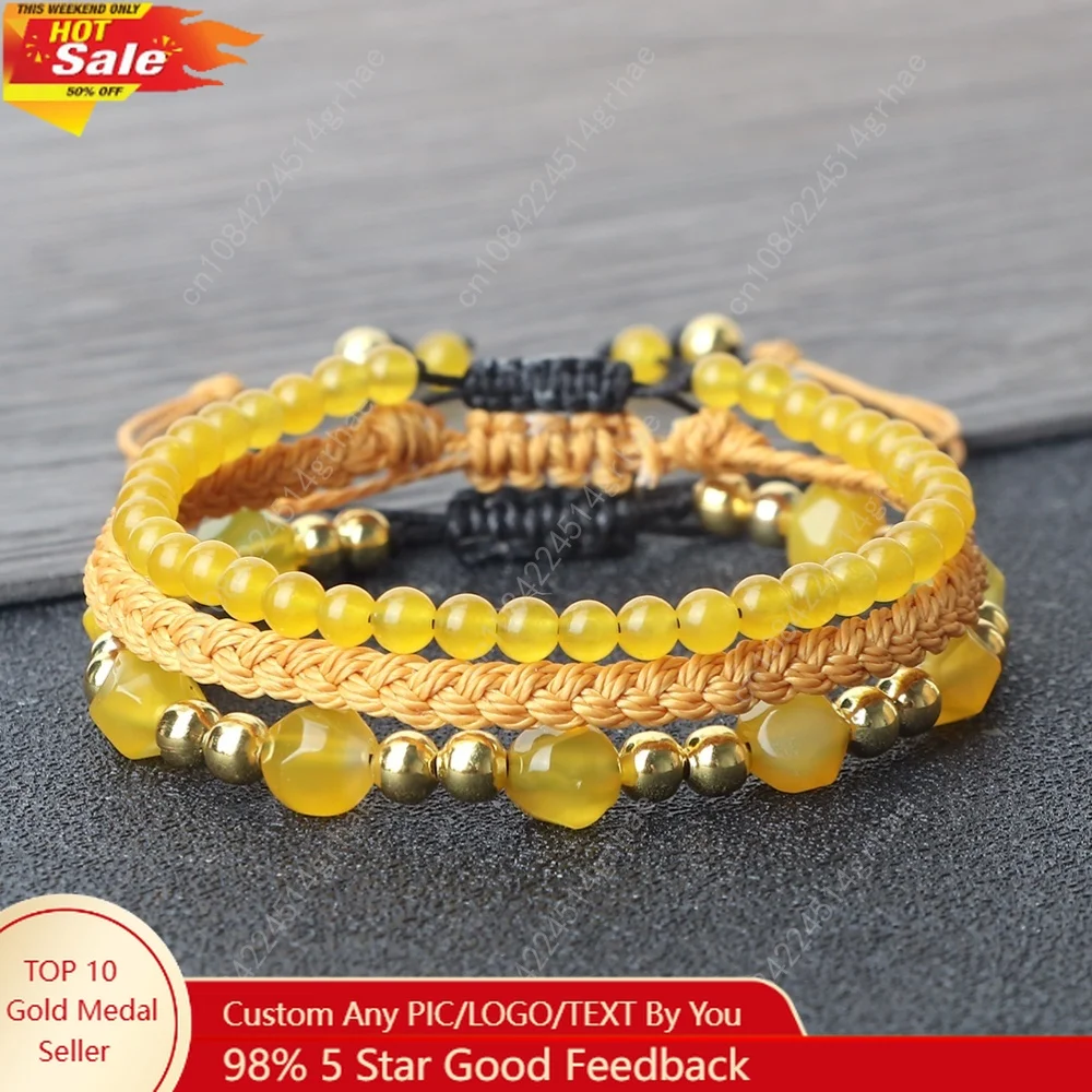 

3Pcs/set Colorful Chalcedony Beaded Bracelet Set 4mm Beads Striped Agate Beads Couple Adjustable Bangles Chains Fashions Jewelry