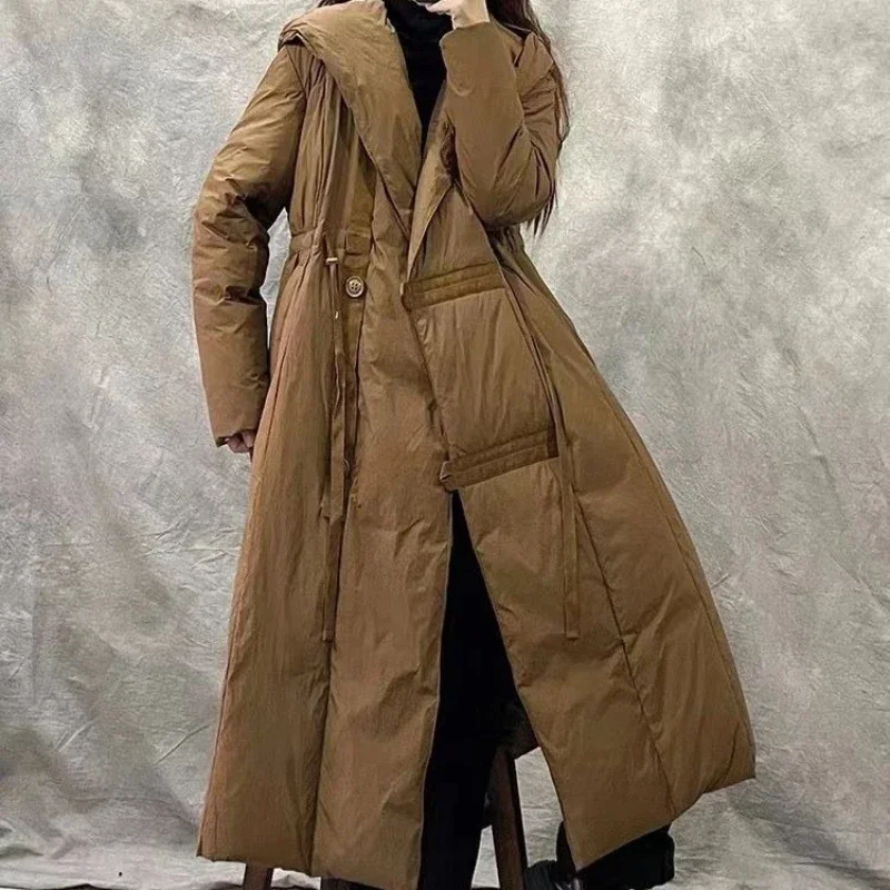 Loose Hooded Long Coat 90 White Duck Down women New Chinese Style Women Down Jacket Winter