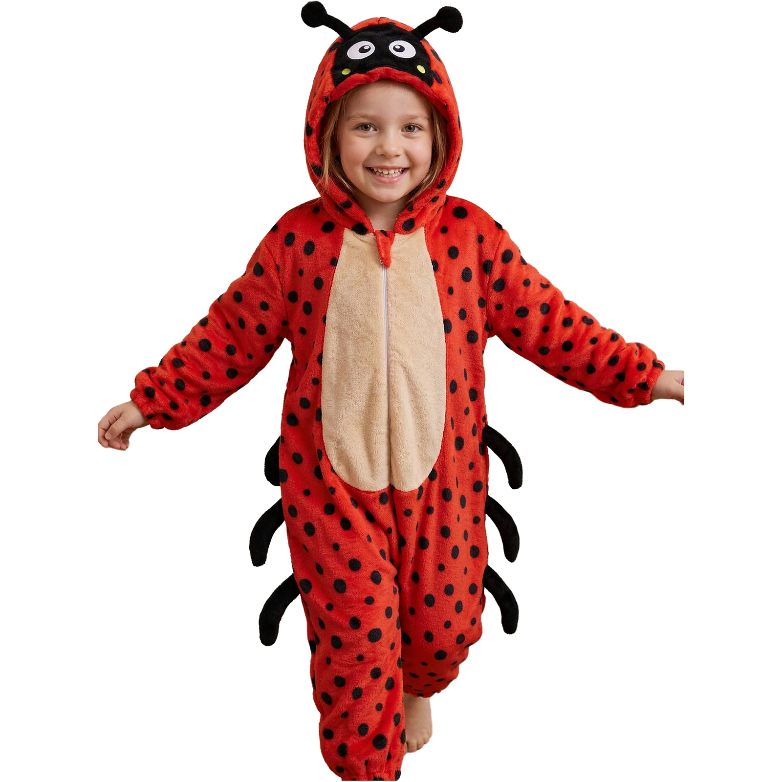 Boys Girls Animal Shaped Flannel Jumpsuit Long Sleeve Zipper Hooded Bodysuit Rompers Halloween Role-playing Theme Party Costume