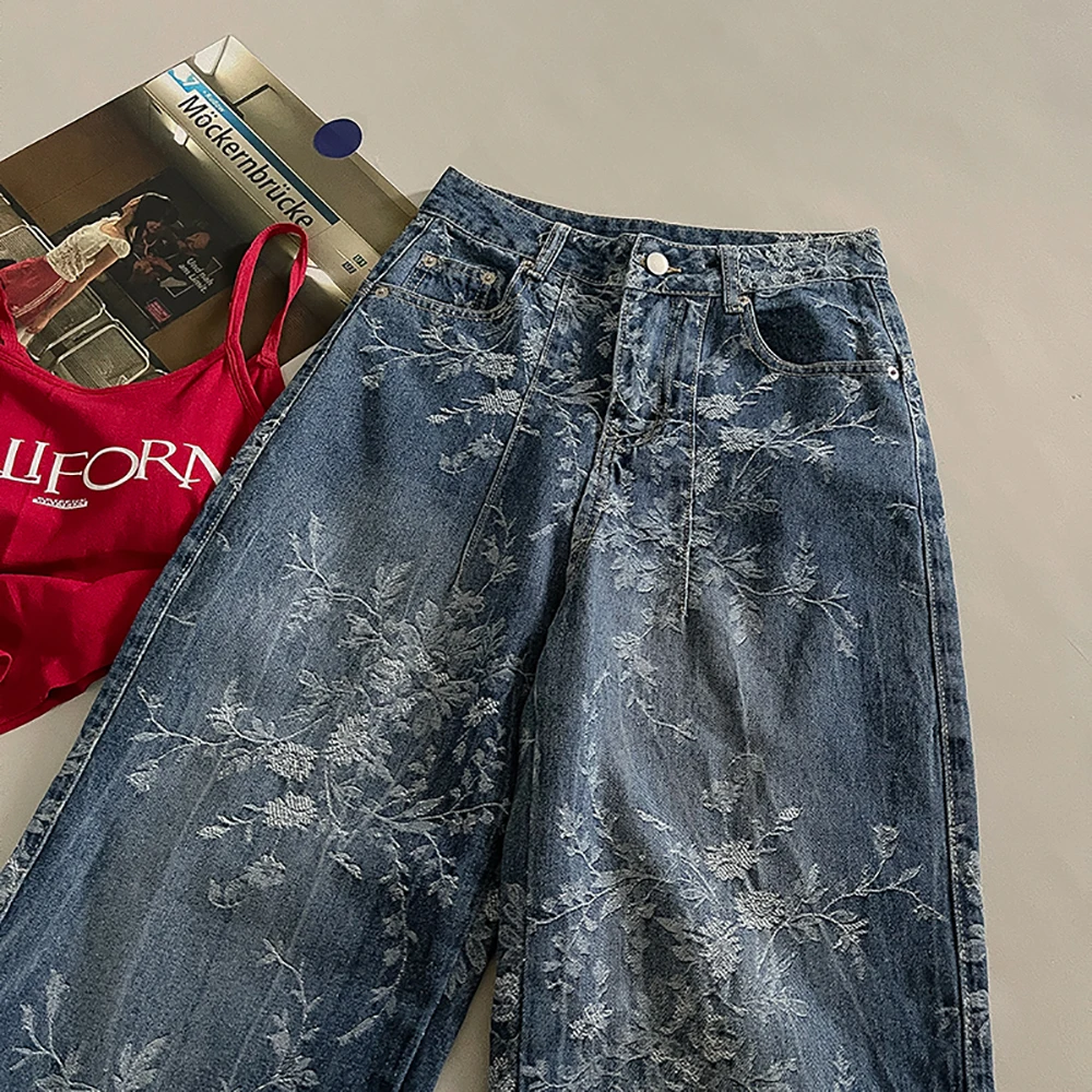 Pantaloni in denim floreale delicato dal design coreano Primavera Estate Jeans dritti a vita alta a gamba larga Pantaloni lunghi casual per tutti gli abbinamenti