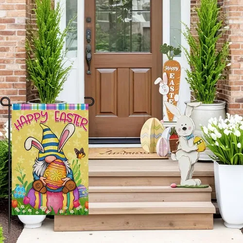 Happy Easter Gnome Garden Flag Burlap12x18 Inch Double Sided Outside, Spring Flo XXM