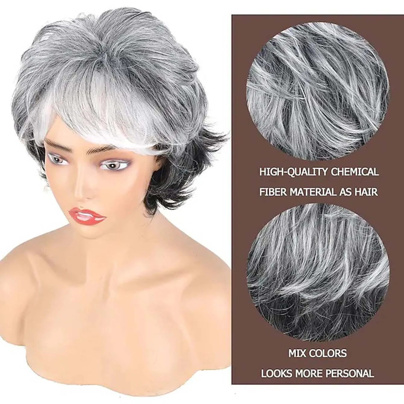 Women's Fashion Short Synthetic Wigs Pixie Cut Sliver Grey Ombre Hair Costume Party Wigs for Woman Fluffy Curly Wavy Wig