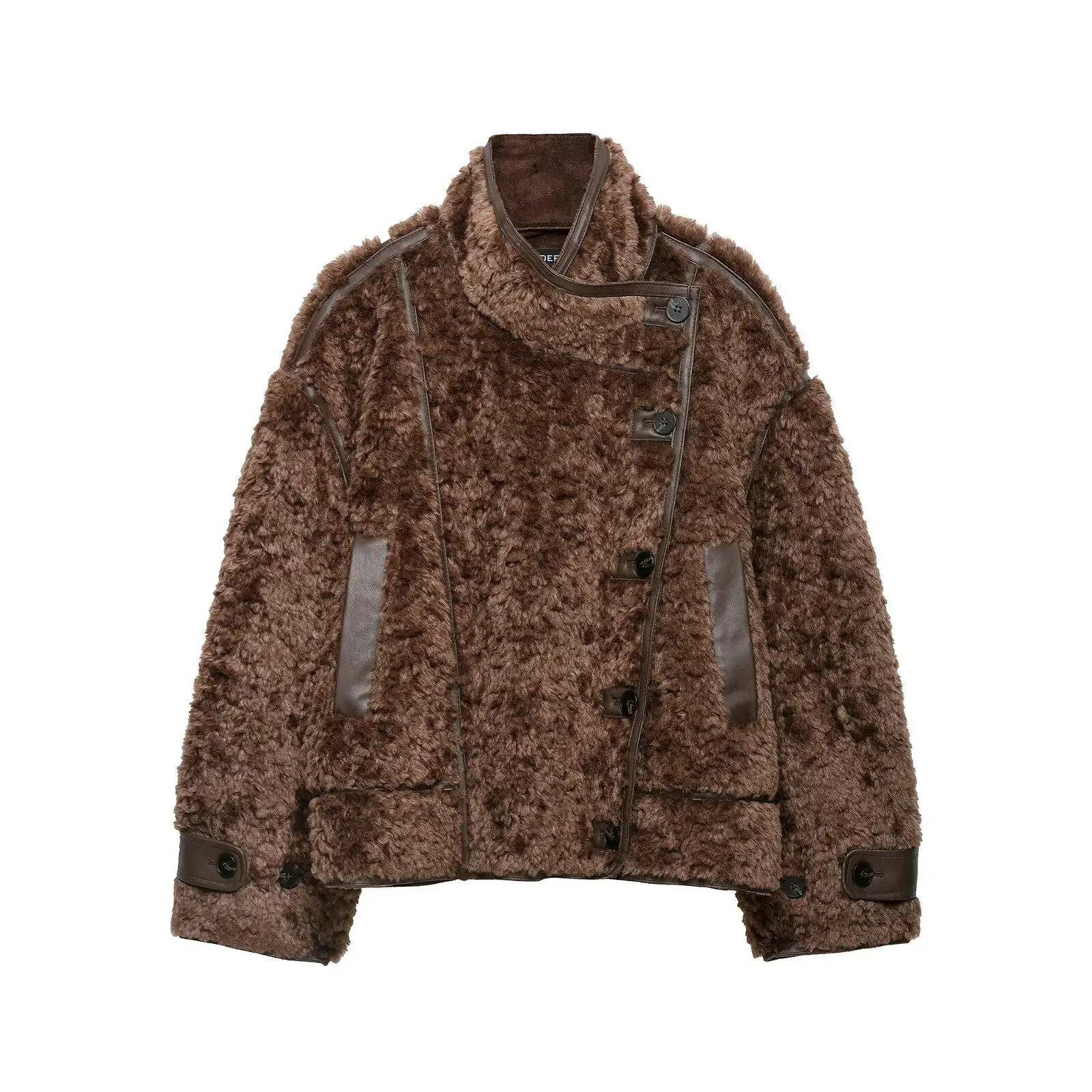 Retro American Brown Lambhair Women's Coat Slanted Button Stand Up Collar PU Leather Splicing Short Thick Motorcycle Fur Jacket