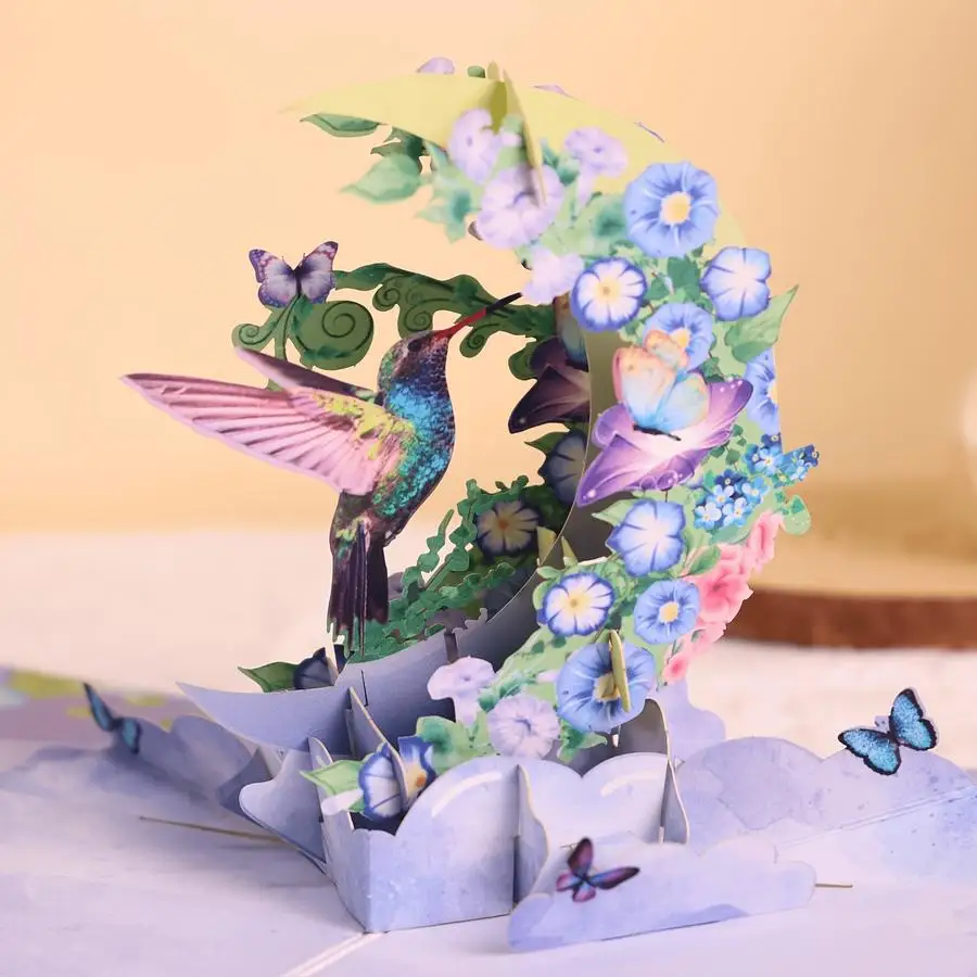 1/5/10/20/50/100pcs Vibrant 3D Pop-Up Card with Hummingbird & Purple Flowers - Includes Envelope & Note Card, Perfect for Mother