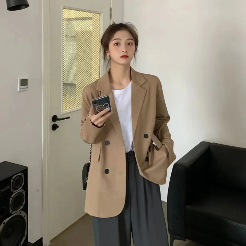 Women's Double-breasted Oversized Blazer Women new Ladies Autumn and Winter Casual Blazer Solid Color Loose Loose Mid-length