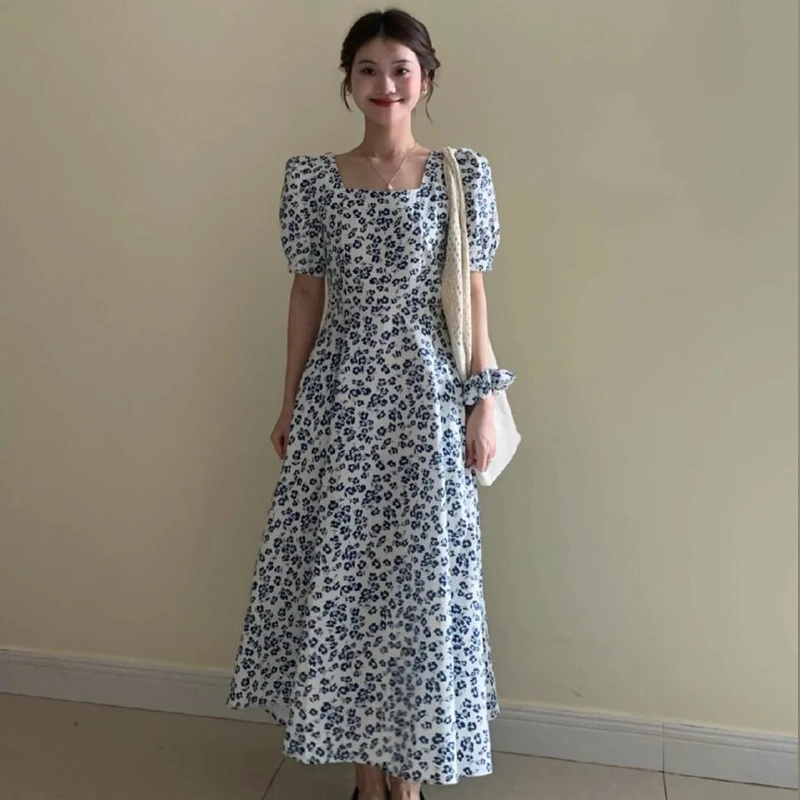 Ofallsis French Square Neckline Blue Floral Printed Dress 2024 Summer Luxury Slim Fit Temperament Long Dresses Female Vestidos