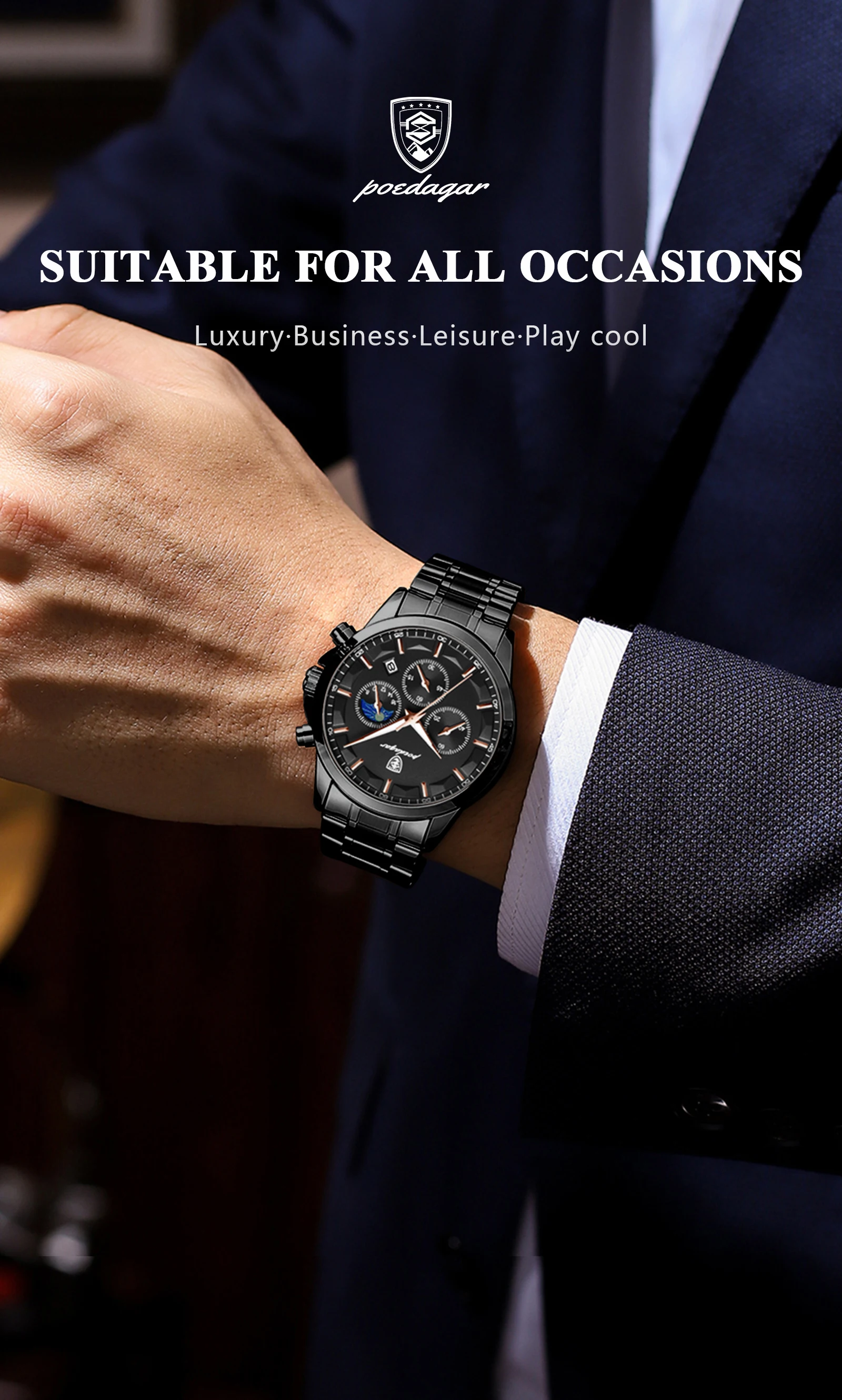 POEDAGAR Top Mode herren Uhren Wasserdicht Leuchtende Edelstahl Männer Armbanduhr Chronograph Datum Quarz Business Mann Uhr – Detail 13