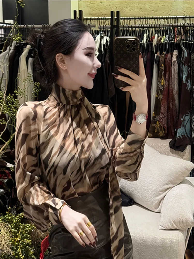 Elegant Brown Zebra Print Shirt Women's Fashionable Early Autumn High-End Feel Important Occasions Chic Top Ladylike Style