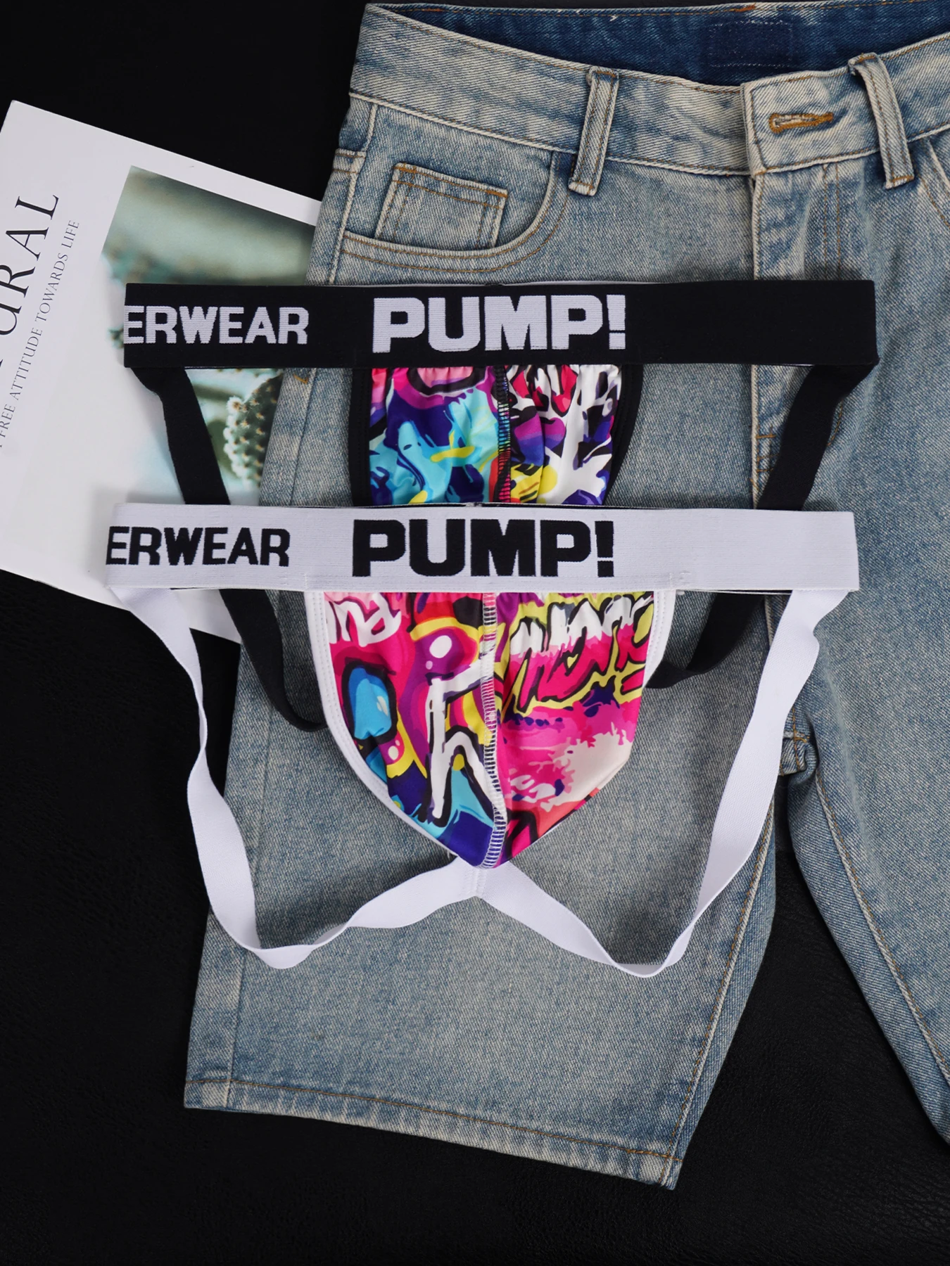 2 PCS Men's Cotton Nylon Soft Stretch Double Thong, Graffiti Pouch Letter Elastic Waistband Summer Fashion Underwear