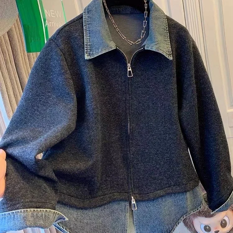 

Мужской и женский свитшот большого размера из денима с эффектом двухслойности, осенне-зимний, новый, на молнии, с отложным воротником, 300 Pou