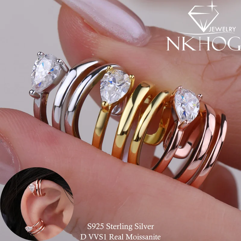 NKHOG 1CTTW Moissanite Clip Earrings for Women S925 Silver Earring Stackable Ear Cuff Fine Jewelry Gift Pear Cut Lab Diamond GRA