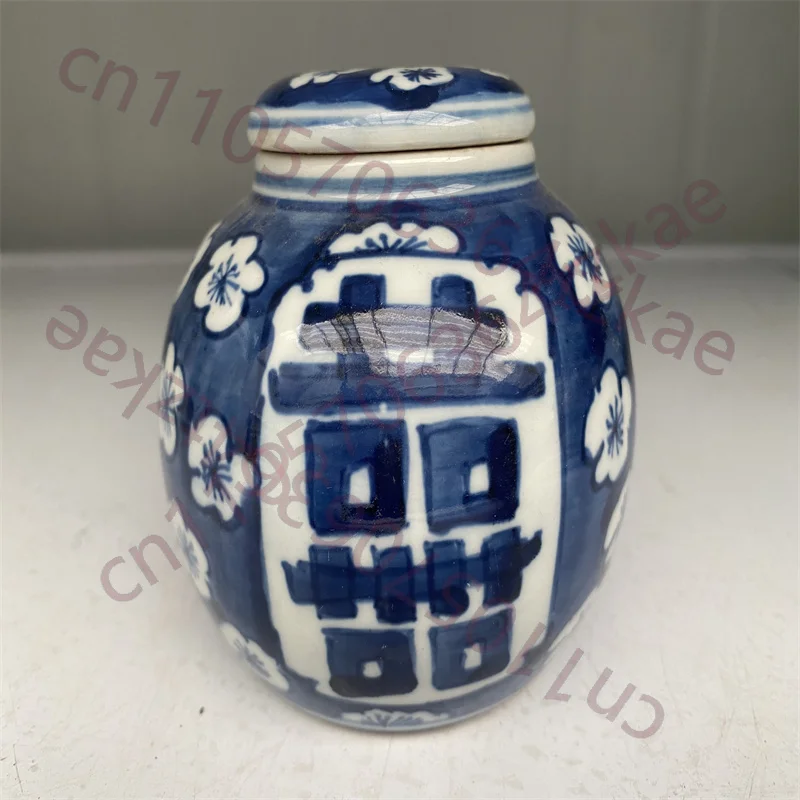 porcelaine-ancienne-chinoise-motif-de-fleurs-de-prunier-bleu-et-blanc-pot-a-double-inscription-« happiness »-avec-couvercle-pot-de-rangement