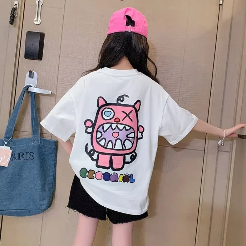 2023 Summer Kids Clothes Sweet Cool Girl T Shirt Short Sleeve Tops 100% Cotton FashionStreet style O-Neck  T-shirt for Children