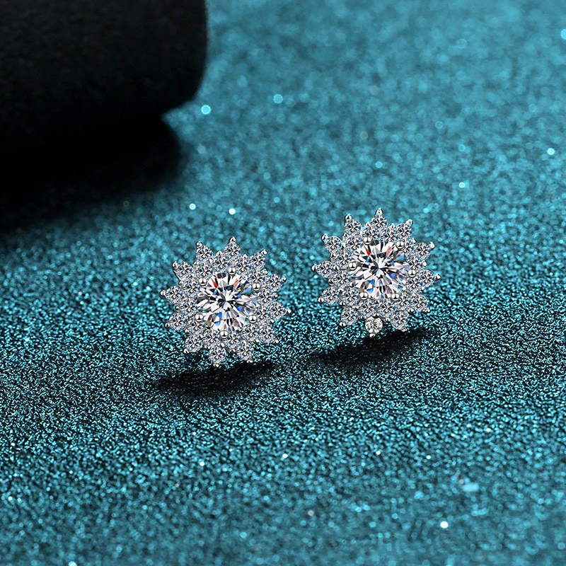 Elegant PT950 Platinum Women's Sunflower 1-Carat Moissanite Earrings, Round “Moon Surrounded By Stars” Diamond-Set Earrings