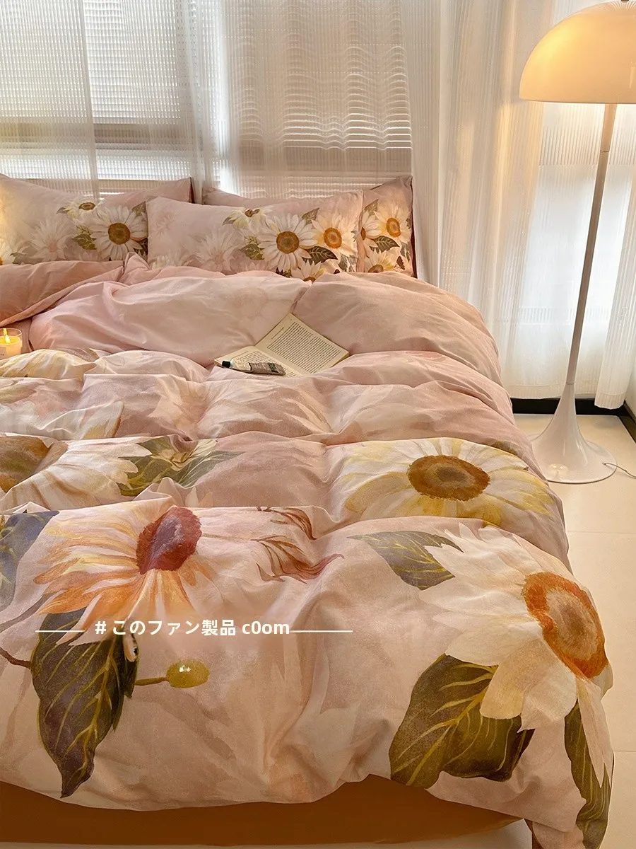 

Комплект постельного белья из утолщенного чистого хлопкового фланеля, четыре предмета, для кровати 8м, с романтическим акварельным принтом «Подсолнухи», винтажный стиль, аксессуары для постельного белья