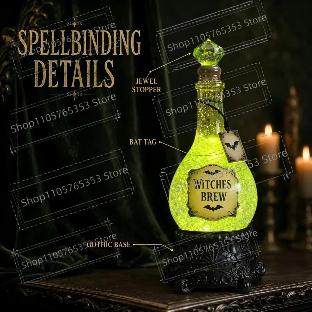 2026 Lighted Witches’ Brew Bottle Glitter Globe, Green Light Up Halloween Apothecary Decoration with Swirling Glitter Tabletop