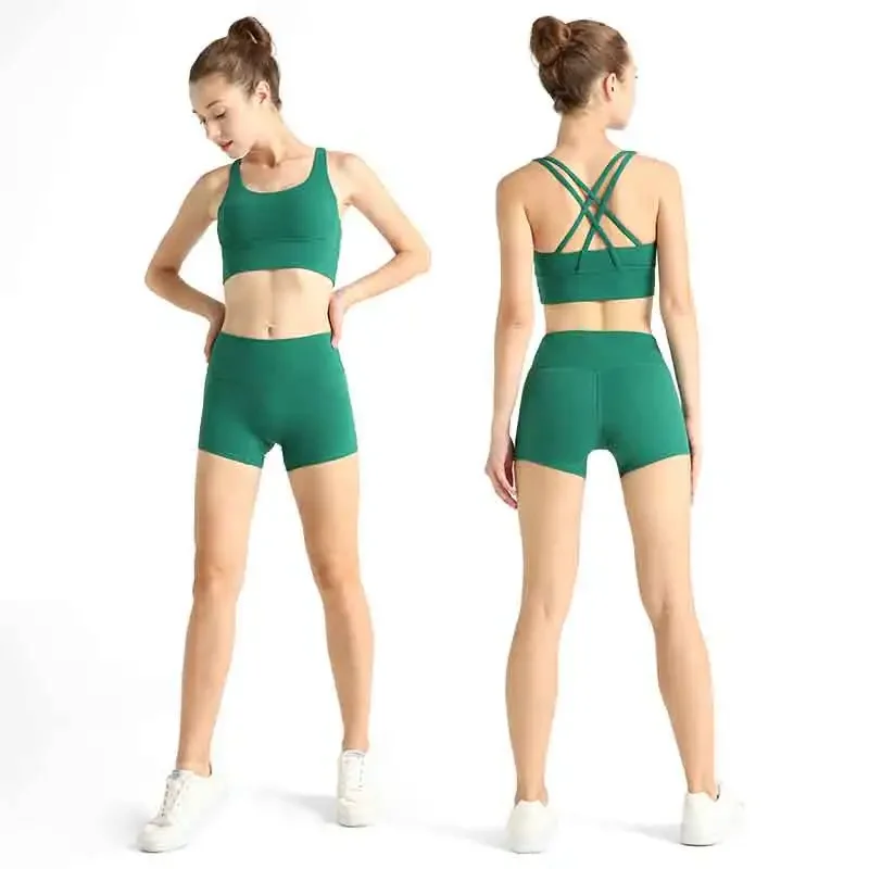 Damen 2-teiliges Sportbekleidungs-Yoga-Shorts-Set, hochelastischer Yoga-BH mit überkreuztem Rücken, High-Waist-Shorts ohne unangenehme Linien, Lauf-Set