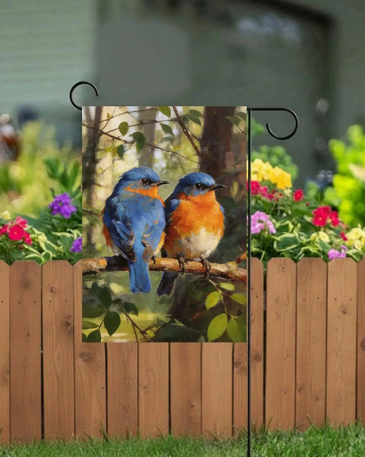 Oil Paintings Blue Birds in the Apple Tree Spring Scene Garden Flag 12×18 Inch Small Vertical Double Sided Seasonal Outside  zzo