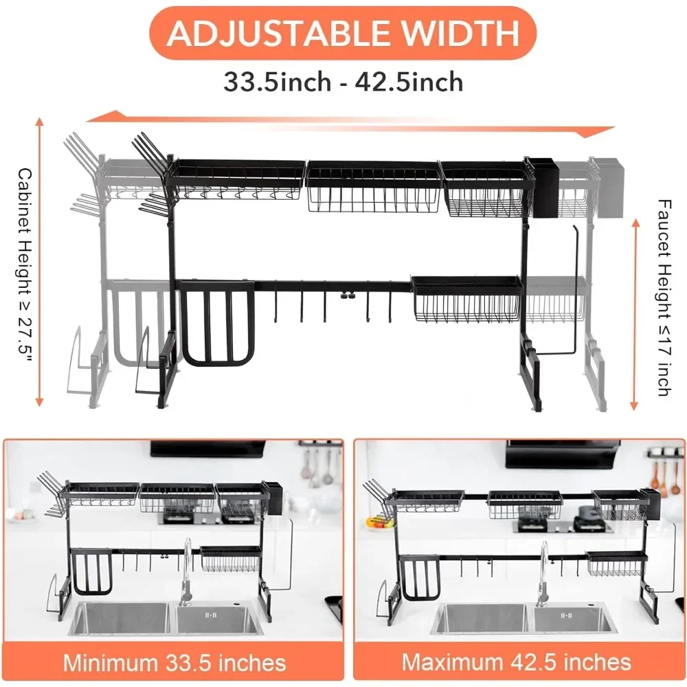 Dish Drying Rack Adjustable 2 Tier Large Stainless Steel Dish Drainer for Countertop Organizer with 5 Utility Hooks -Black