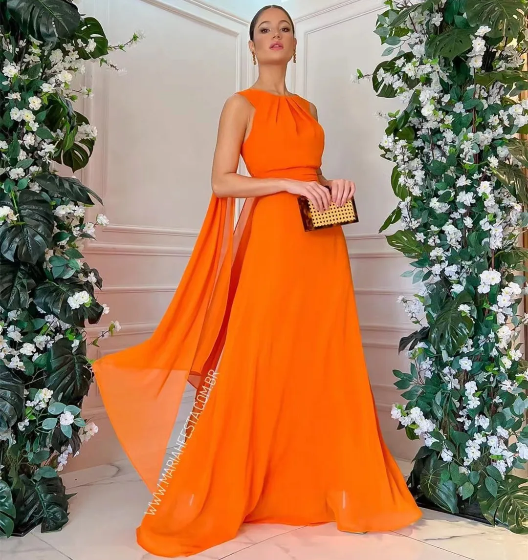 Orange Chiffon Prom Dresses with Flutters Sleeveless Zipper Back Wedding Guest Dress for Women Long Evening Party Gowns