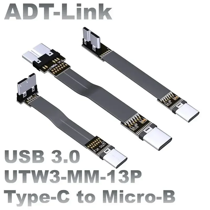 ADT-Link Flat Flexible Up&Down Angle 90° USB Micro USB 3.0 Male To Type-C Type C Male Data FPV FPC FFC Connector Extension Cable