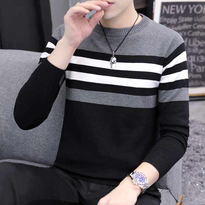 Men's Autumn Winter Round Neck Contrasting Pullover Long Sleeve Sweater Knitted Casual Undershirt Fashion Office Lady Tops