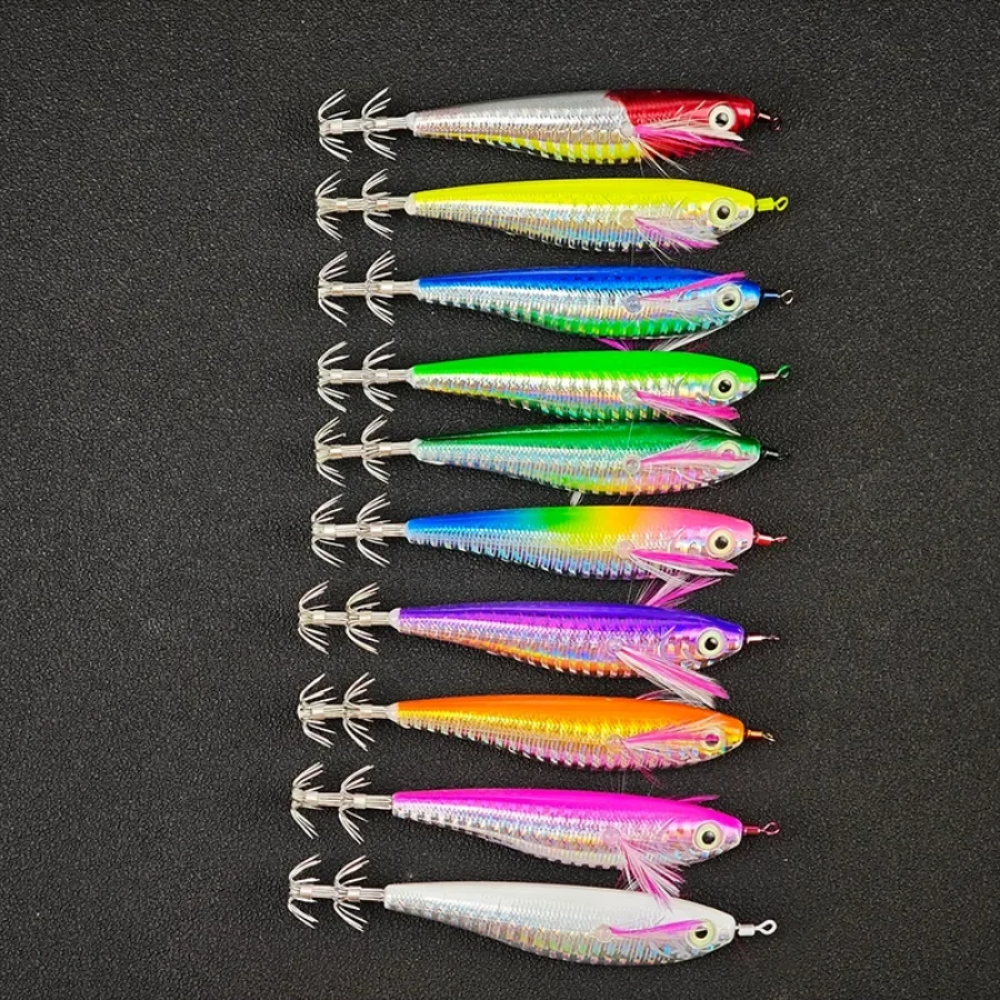 10-teiliges horizontales Egi-Tintenfisch-Jig-Set, 10,5 cm leuchtender UV-Simulations-Garnelenköder, Meeresangelzubehör für Oktopus, Tintenfisch und große Tintenfische – Detail 3