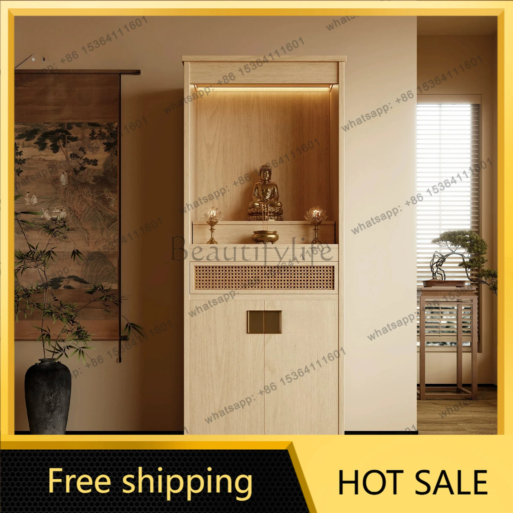 YJ New Chinese Solid Wood Standing Shrine Cabinet Natural Wood Look Home Worship Altar Prayer Storage Unit