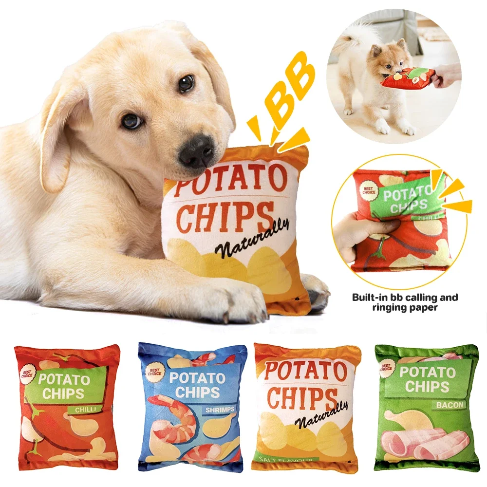 Potato Chip Bag Funny Dog Toys Plush Squeaker Bite Food Toy for Small Medium Dogs Interactive Squeaky Chew Puppy Toys