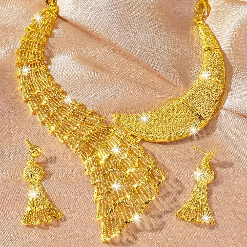 Luxury 24K 9999 Pure Gold real gold Women's dubai phoenix tail necklace earrings wedding set