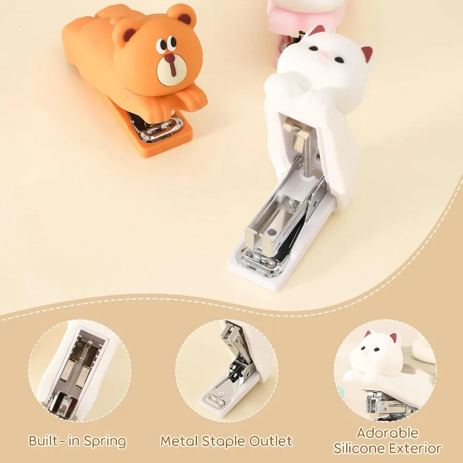 Mini Cute Animal Stapler with Staples Cartoon Stereoscopic Silicone PVC Stapler Laboaving Office Supplies for Students (White P